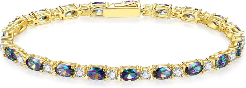 Fancime 14K Gold Plated Birthstone Bracelets 4mm Sterling Silver Tennis Bracelets Gold Bracelets Birthday Jewelry Gifts for Women 7" - Image 1